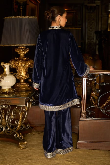Lashkaraa Velvet Embroidered A Line Kurta & Flared Pant Set