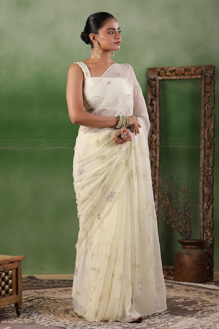 Geroo Jaipur Floral Sequin Embroidered Saree With Unstitched Blouse Piece 