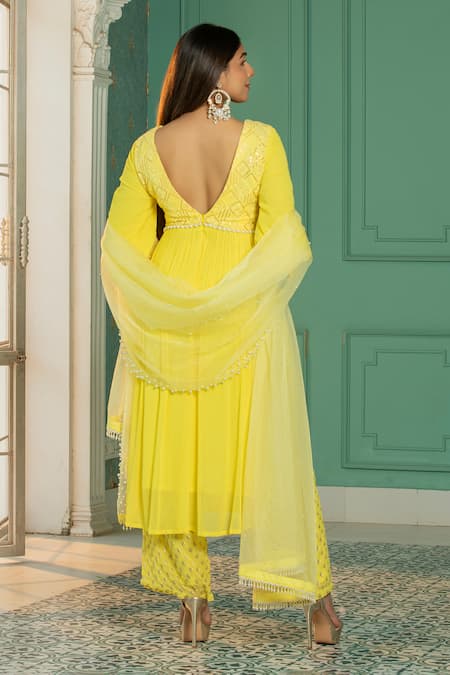 Monk & Mei By Sonia Anand Sequin Yoke Embroidered Anarkali Pant Set 