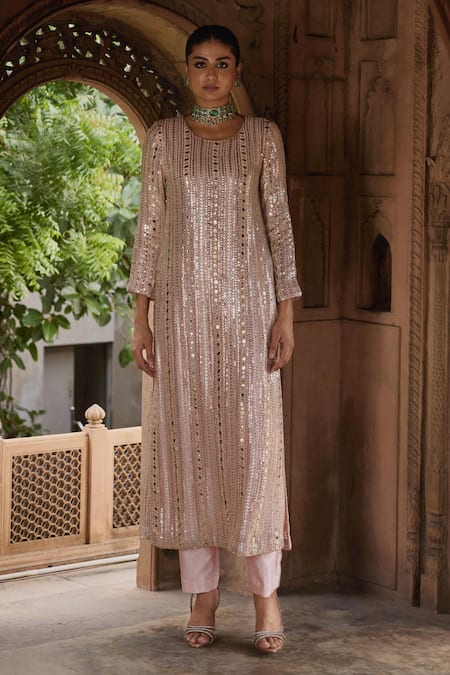 Mustard Moon By Neyha And Vrinda Peach Sequin Embroidered Kurta Set
