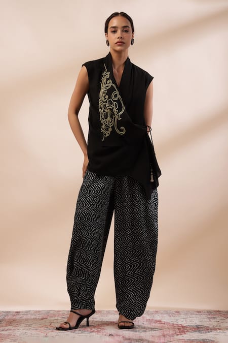 Kyra By Bhavna Black Wrap Top & Printed Pants Set 