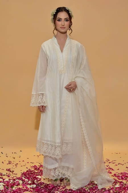 Rachit Khanna White Pintucks Kurta Set 