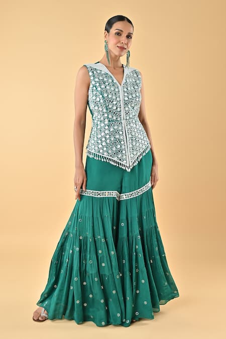KEITH GOMES Embroidered Green Blouse & Gharara Set 