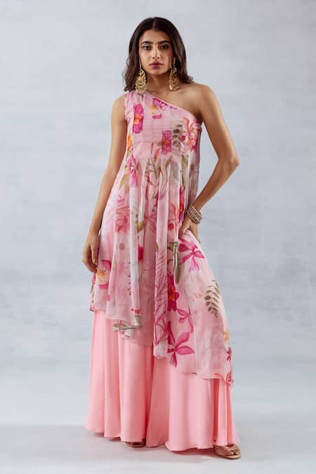 Aroop Shop India Floral Print One-Shoulder Kurta & Flared Pant Set 