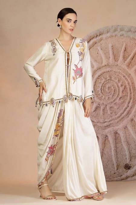 Soniya G Ivory Draped Dhoti Pant & Blouse Set 