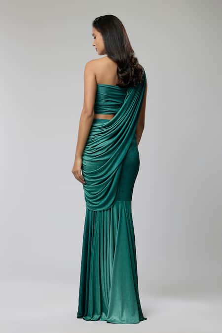 Naina Seth Cantaloupe Ombre Draped Blouse & Skirt Set 