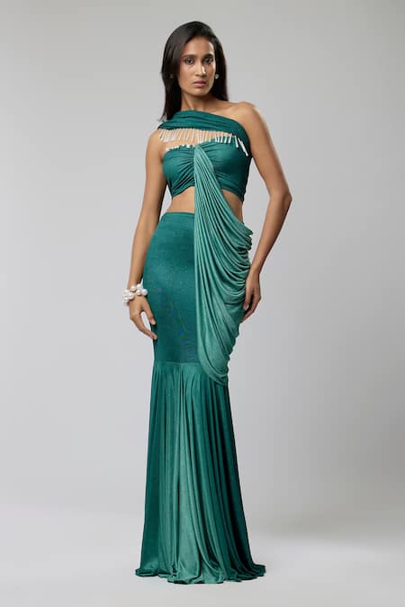 Naina Seth Cantaloupe Ombre Draped Blouse & Skirt Set 