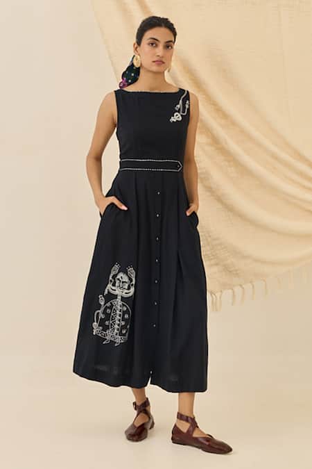 Jodi Jugnu Kala Cotton Embroidered Midi Dress 