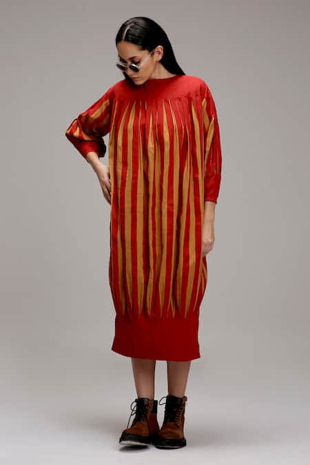 MATI Pleated Stripe Cotton Midi Dress 