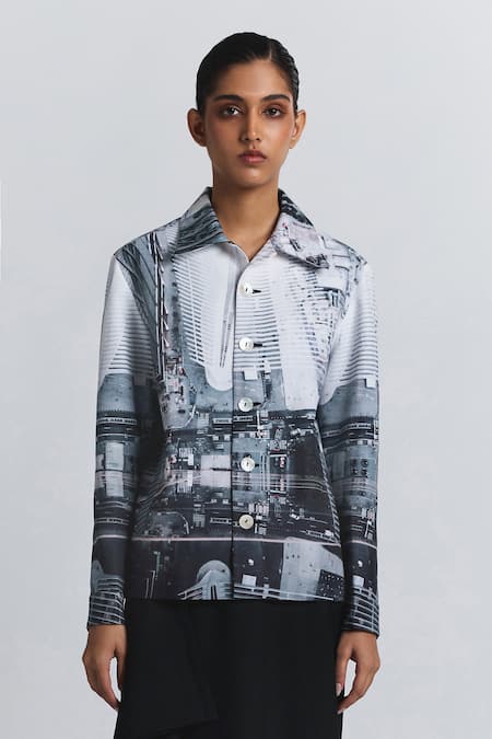Line Out Line Cityscape Print Cotton Linen Shacket 