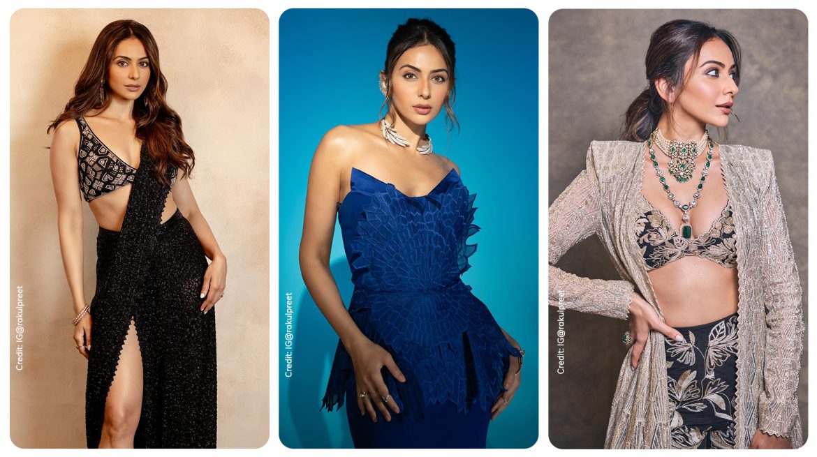Rakul Preet in black indo-fusion saree, blue Falguni shane peacock corset gown and cape sharara set