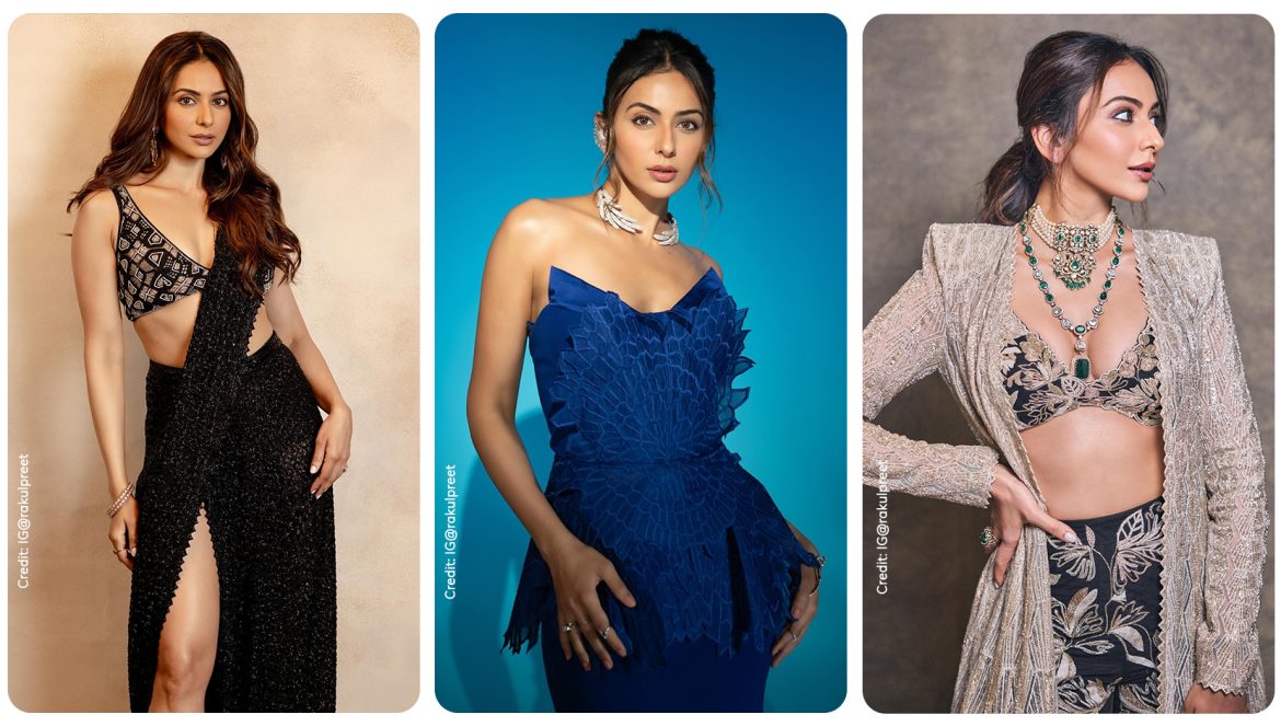 Rakul Preet in black indo-fusion saree, blue Falguni shane peacock corset gown and cape sharara set